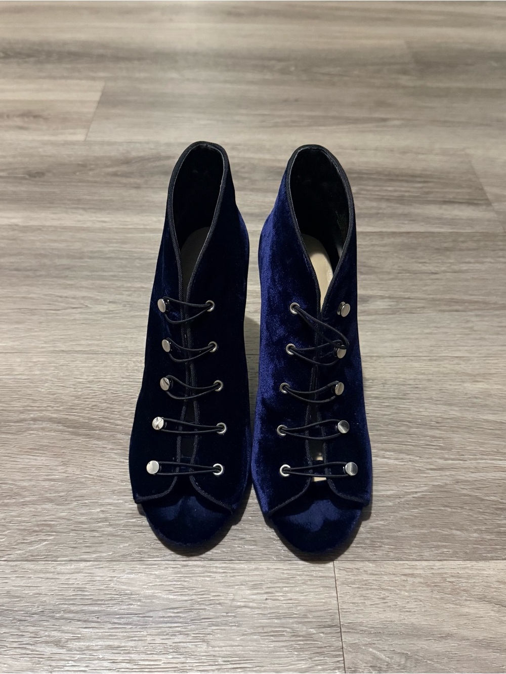 Enzo Angiolini Navy Velvet Lace-Up Peep Toe Booties